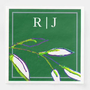 Monogram Sage Green Leaf Art Dusty Blue Wedding Servet