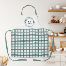 Monogram Sage Green Leaves Gingham Plaid Pattern