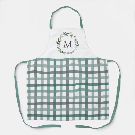 Monogram Sage Green Leaves Gingham Plaid Pattern Schort (Voorkant)