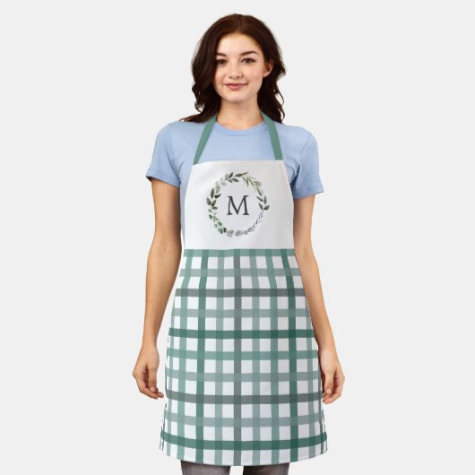 Monogram Sage Green Leaves Gingham Plaid Pattern Schort (Gedragen)