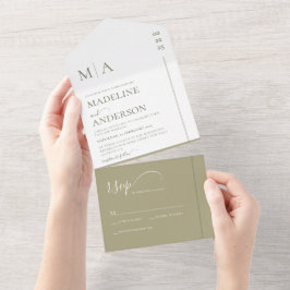 Monogram Sage Green met bedekte fotobruiloft All In One Uitnodiging