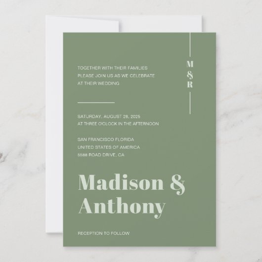 Monogram Sage Green Minimal Wedding Kaart (Voorkant)