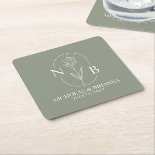 Monogram Sage Green Minimalist Elegant Wedding Kartonnen Onderzetters