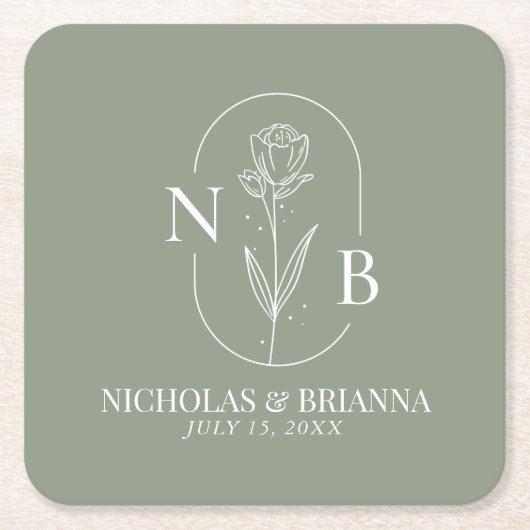 Monogram Sage Green Minimalist Elegant Wedding Kartonnen Onderzetters (Voorkant)