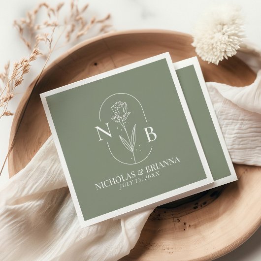Monogram Sage Green Minimalist Elegant Wedding Servet