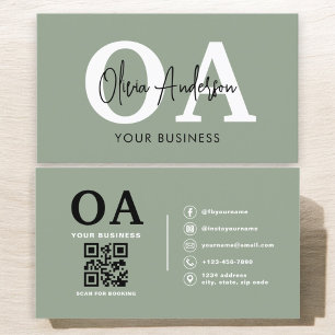 Monogram Sage Green QR Code Modern Minimalist Visitekaartje