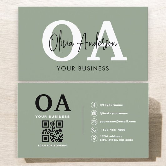 Monogram Sage Green QR Code Modern Minimalist Visitekaartje