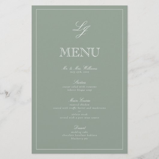 Monogram Sage Green Script Elegant Wedding Menu (Voorkant)