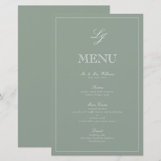 Monogram Sage Green Script Elegant Wedding Menu (Voorkant / Achterkant)