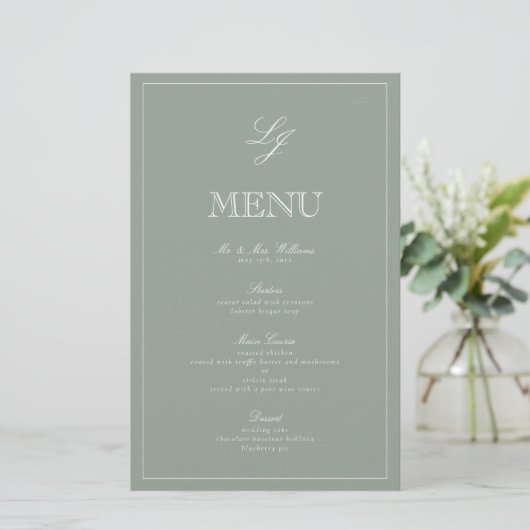 Monogram Sage Green Script Elegant Wedding Menu (Staand voorkant)