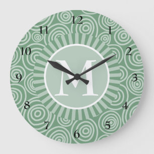 Monogram Sage Green Spirals - Gepersonaliseerd Grote Klok