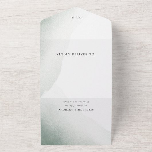 Monogram Sage Green Waterverf Wash Wedding All In One Uitnodiging (Buitenkant)