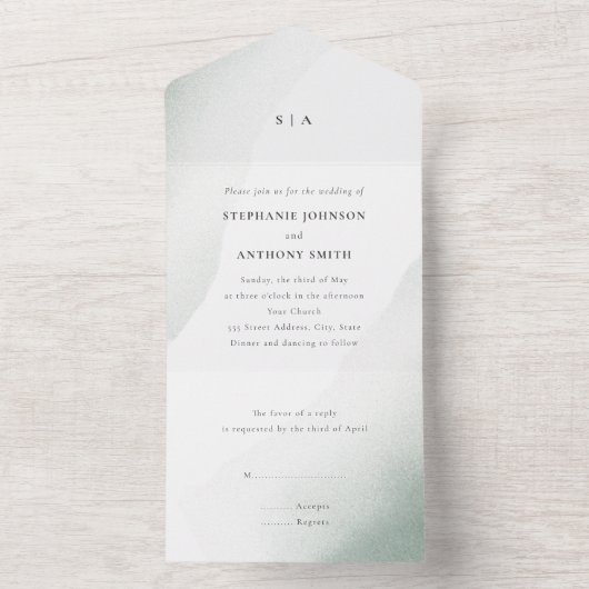 Monogram Sage Green Waterverf Wash Wedding All In One Uitnodiging (Binnen)