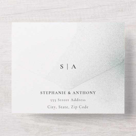 Monogram Sage Green Waterverf Wash Wedding All In One Uitnodiging (Achterkant)