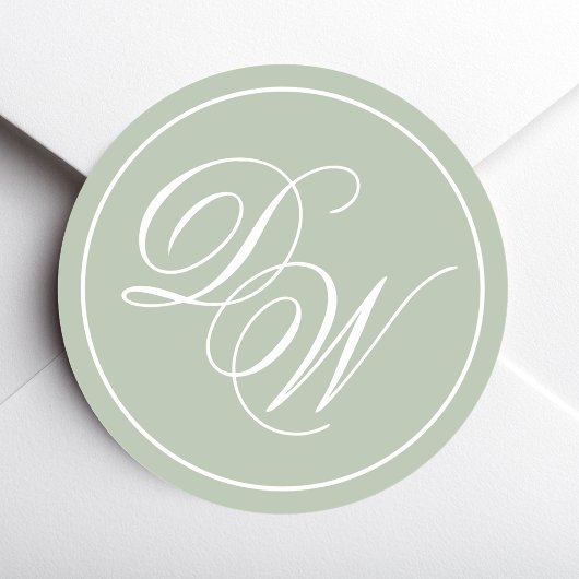 Monogram Sage Groen Eenvoudig Wit Script 2 Initial Ronde Sticker