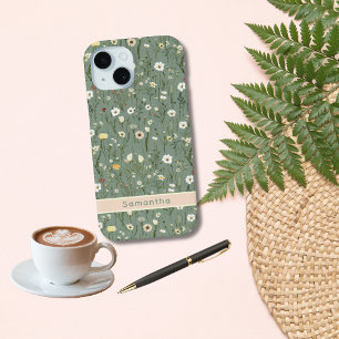 Monogram Sage Groen Geel Wit Wilde Bloemen Boho iPhone 15 Case