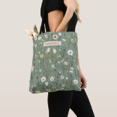 Monogram Sage Groen Geel Wit Wilde Bloemen Boho Tote Bag (Dichtbij)