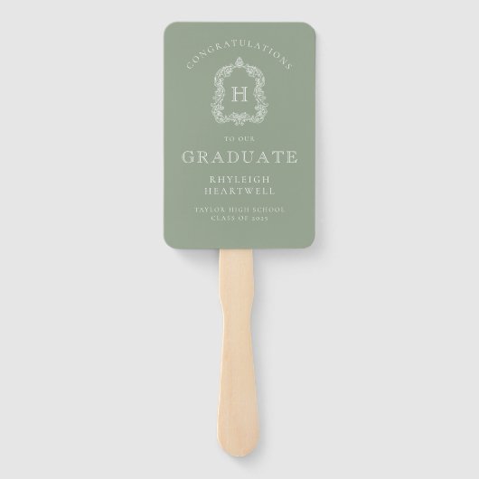 Monogram Sage Groen Wit Foto Afstuderen Handwaaier (Achterkant)
