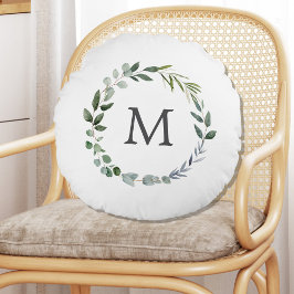 Monogram Sage Groene Bladeren Groene Krans Rond Kussen