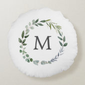 Monogram Sage Groene Bladeren Groene Krans  Rond Kussen (Achterkant)