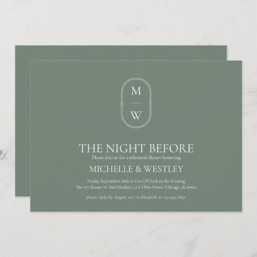 Monogram Sage Groene Huwelijksrepetitie Diner Kaart (Voorkant / Achterkant)
