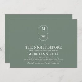 Monogram Sage Groene Huwelijksrepetitie Diner Kaart