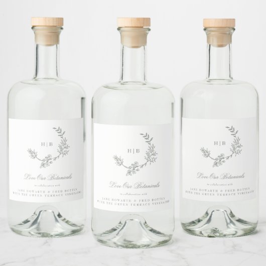 Monogram Sage Groene krans Klassieke bruiloft gin Likeurfles Etiket (Flessen)