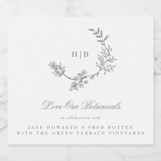 Monogram Sage Groene krans Klassieke bruiloft gin Likeurfles Etiket (Enkel label)