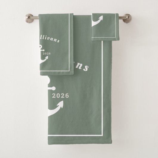 Monogram Sage Groene Kust Nautilus Anker Wit Bad Handdoek (Insitu)