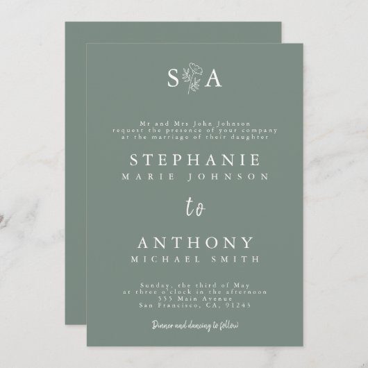 Monogram Sage Groene Wildbloem Bruiloft Kaart (Voorkant / Achterkant)