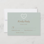 Monogram Sage White Gold Heart Shaped Wedding RSVP Kaart (Voorkant)