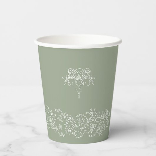 Monogram salie groen wit fleur de lis bruiloft papieren bekers (Achterkant)