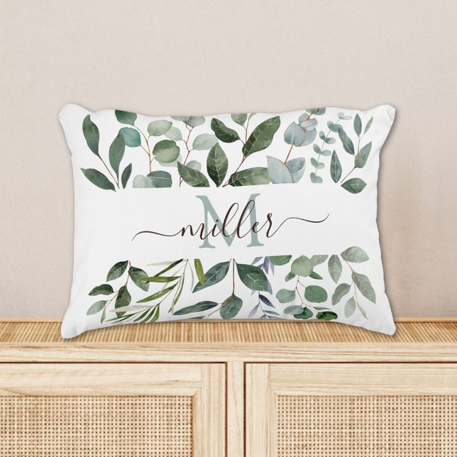 Monogram Salie Groene Eucalyptus Groene Bladeren   Accent Kussen (In situ)