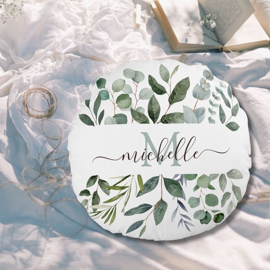 Monogram Salie Groene Eucalyptus Groene Bladeren Rond Kussen