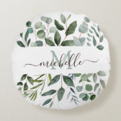 Monogram Salie Groene Eucalyptus Groene Bladeren Rond Kussen (Voorkant)
