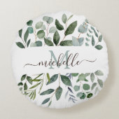 Monogram Salie Groene Eucalyptus Groene Bladeren Rond Kussen (Achterkant)