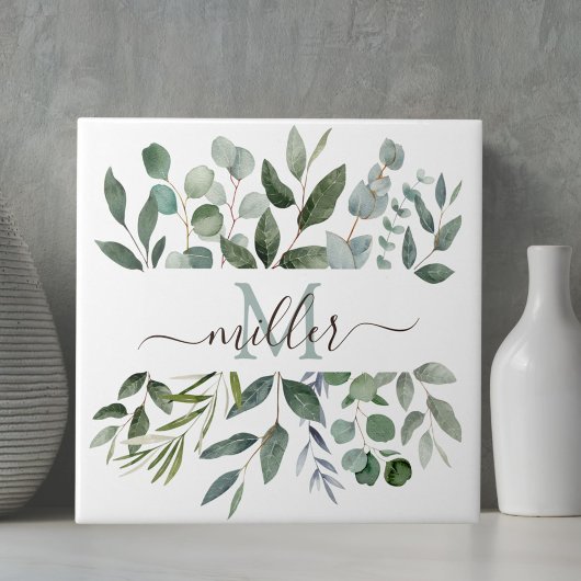 Monogram Salie Groene Eucalyptus Groene Bladeren Tegeltje