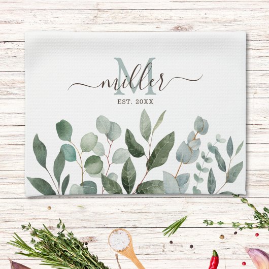 Monogram Salie Groene Eucalyptus Groene Bladeren Theedoek