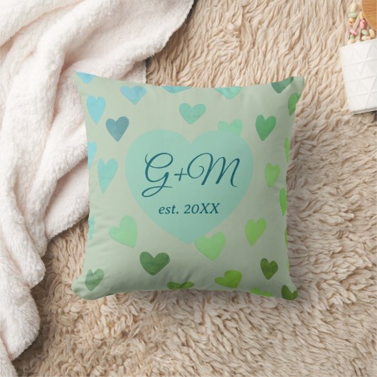 Monogram saliegroen blauw retro boho hartenpatroon kussen (Deken)