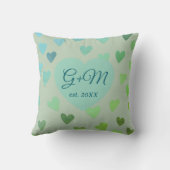 Monogram saliegroen blauw retro boho hartenpatroon kussen (Achterkant)