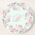 Monogram Sandstone onderzetter Floral rozen Aangep<br><div class="desc">Speciaal onderzetter monogram zandsteen met je monogram. Roze bloem,  rozen decoratie op een groene achtergrond. Voeg je eigen monogram toe.</div>