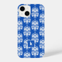 Monogram Sapphire Blue Damask-patroon iPhone 14 Hoesje