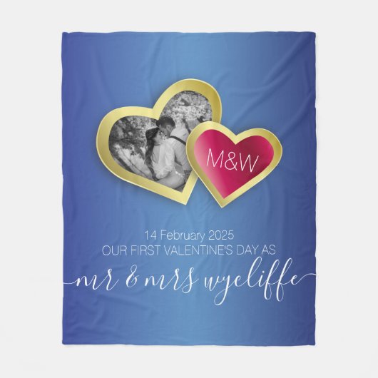 Monogram Sapphire Blue Ruby Red Valentijn Foto Fleece Deken (Voorkant)