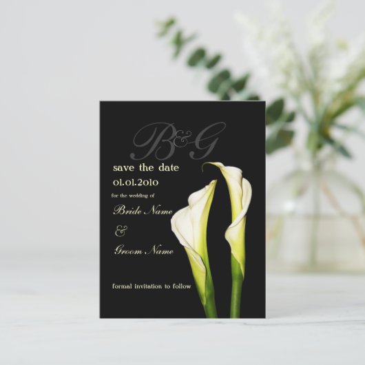 Monogram Save the Date, calla lelie briefkaarten (Staand voorkant)