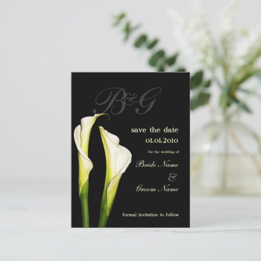 Monogram Save the Date, calla lelie briefkaarten (Staand voorkant)