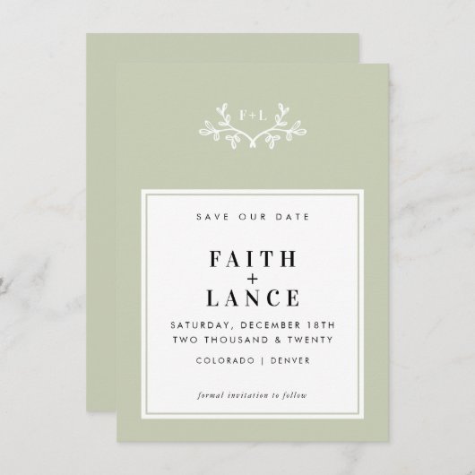MONOGRAM SAVE THE DATE eenvoudig leuke tak lichtgr Kaart (Voorkant / Achterkant)