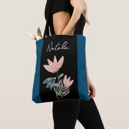 Monogram schattig contrast met bloemenzwart en mar tote bag