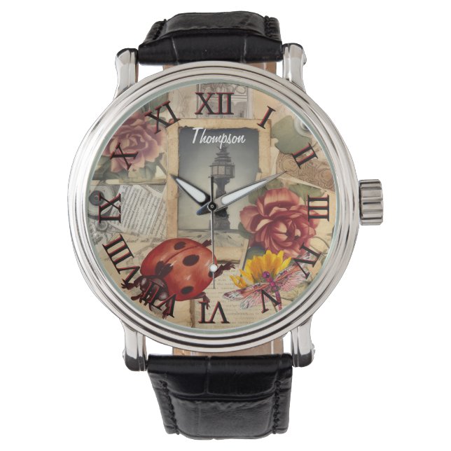 Monogram schattig rood lieveheersbeestje Rustiek   Horloge (Voorkant)