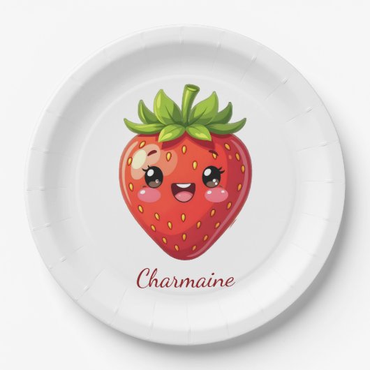 Monogram schattige aardbei kawaii papieren bordje (Voorkant)