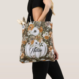 Monogram schattige  bloementuin met pompoenen tote bag